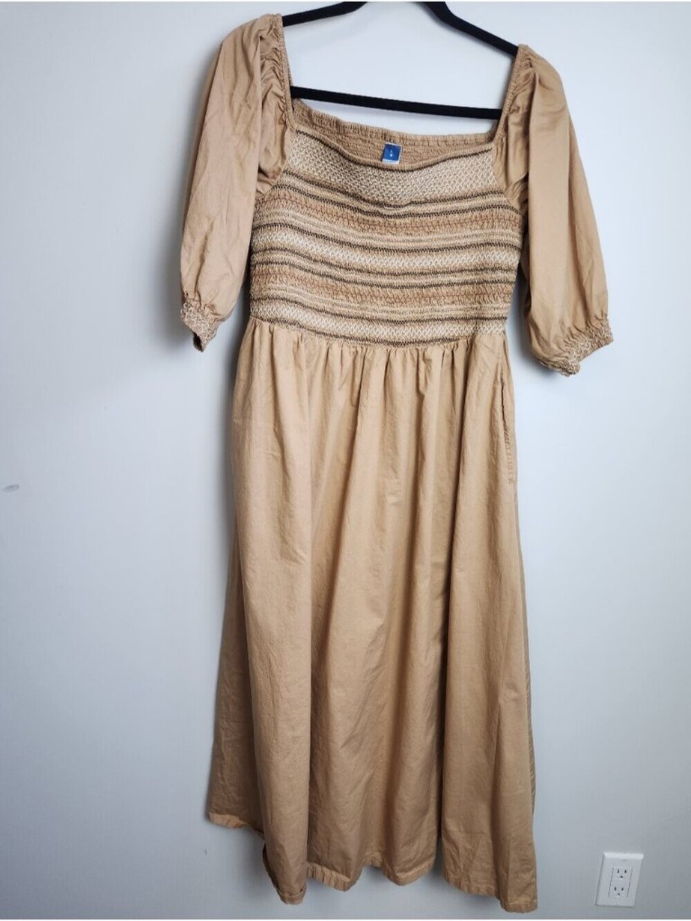 100 % Cotton Summer Dress Midi Size Large Smocked Puff Sleeves Milkmaid Coquette - Picture 2 of 11